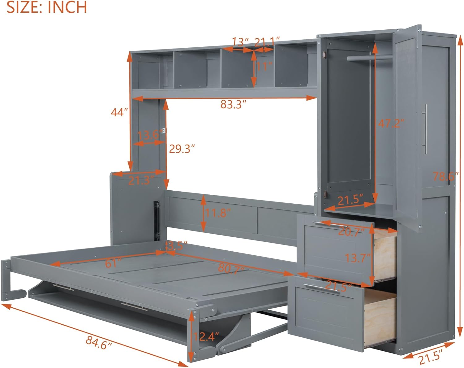 RUNNA Queen Size Murphy Bed Wall Bed with Closet and Drawers,Multifunctional Foldable Wooden Bed Frame with Built-in Top Shelf,Save Space in Bedroom (Gray@Queen-093)