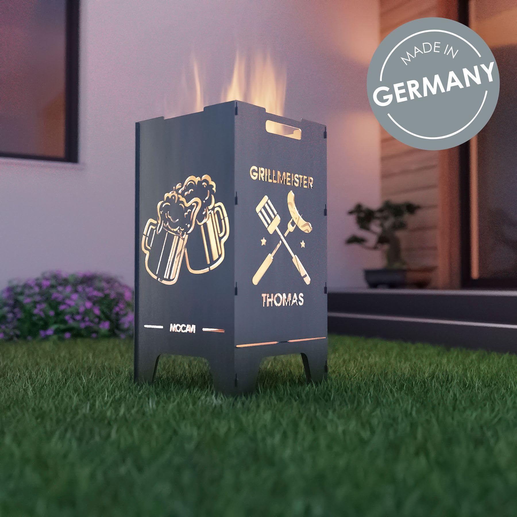 MOCAVI Feuertonne Grillen 73 cm | 3 mm Stahl personalisiert Feuerkorb Feuerschale sicher massiv robust Design-Feuerfass für Garten und Terrasse groß eckig Feuerstelle Outdoor hitzefest außen