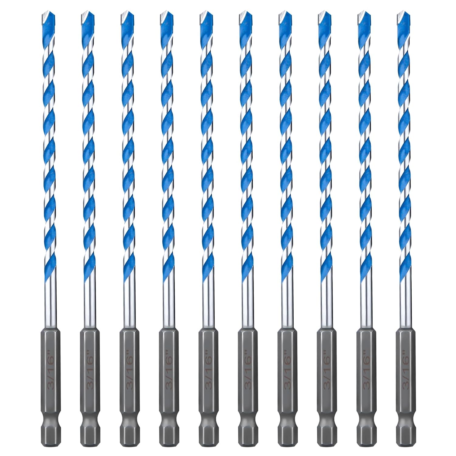 Concrete Drill Bit Set 10 Pcs, Masonry Drill Bit Set 3/16", Shockproof Hex Shank Drill Bit Set, Industrial Carbide Drill Bits for Class/Brick/Plastic/Cement/Tile