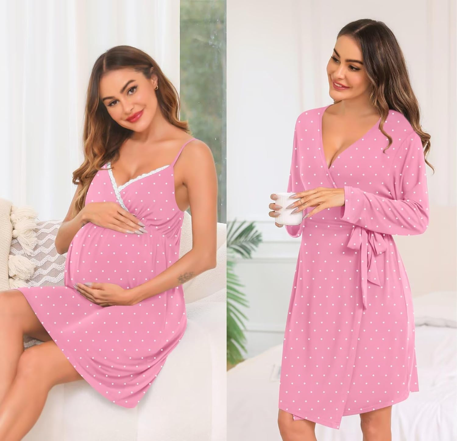 SWOMOG Womens Maternity Robe 2 Piece Nursing Nightgown for Breastfeeding 3 in 1 Labor Delivery Nursing Dress Lace Bathrobe