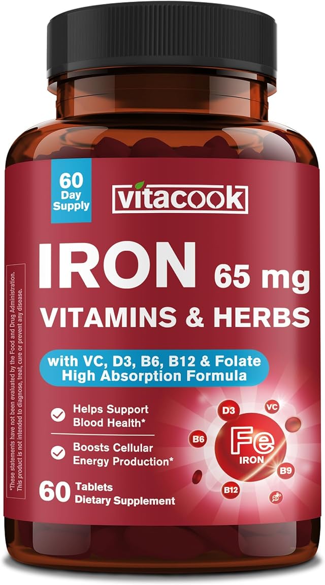 Iron Supplement 65mg, Blood Building & Energy Support, 60 Tablets | with Vitamin C, D3, B6, B12 & Folate, Spinach, Broccoli, Beet Root, Pumpkin Seeds, Dandelion & Carrots