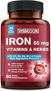 Iron Supplement 65mg, with Vitamin C, D3, B6, B12 & Folate, Spinach, Broccoli, Beet Root, Pumpkin Seeds, Dandelion & Carrots, Blood Building & Energy Support, 60 Tablets