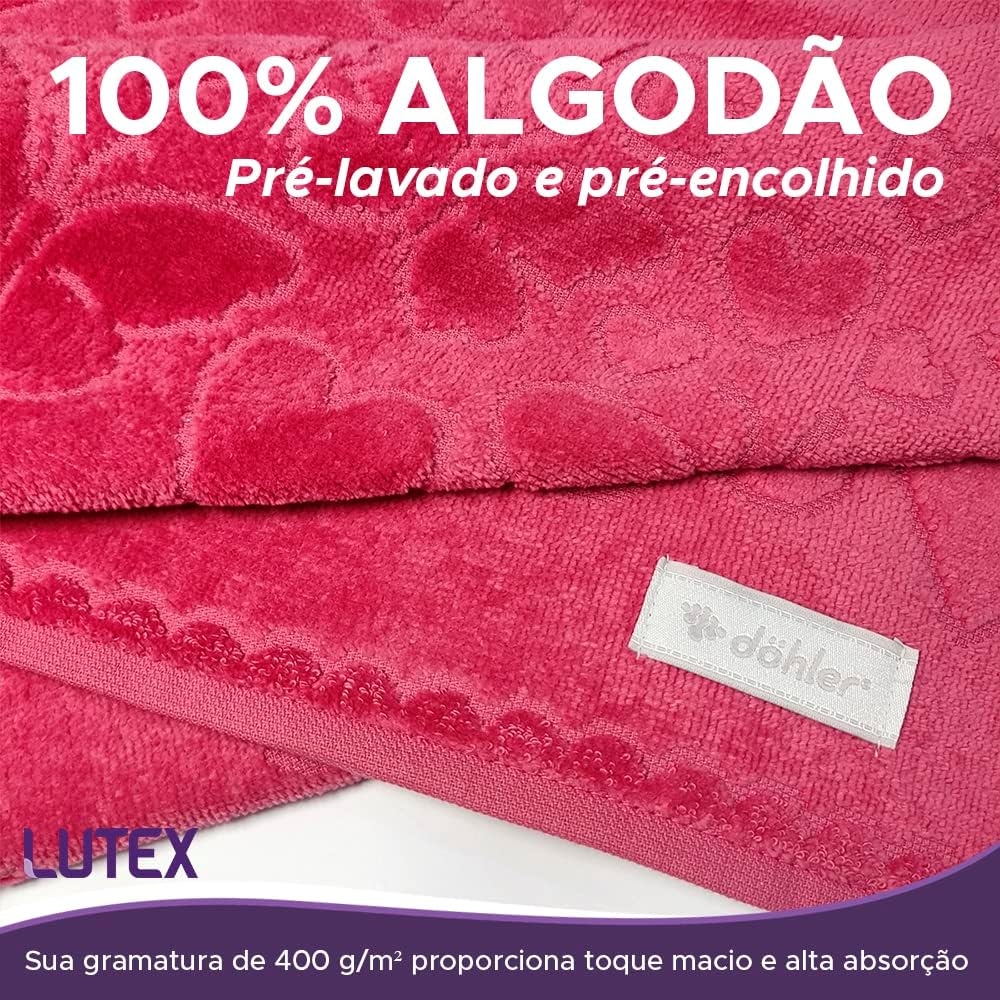 Jogo de Banho 4 Peças Romance Dohler Aveludada 100% Algodão Toalha Fio Penteado Coração Borboleta (Rosa 10366/11033)