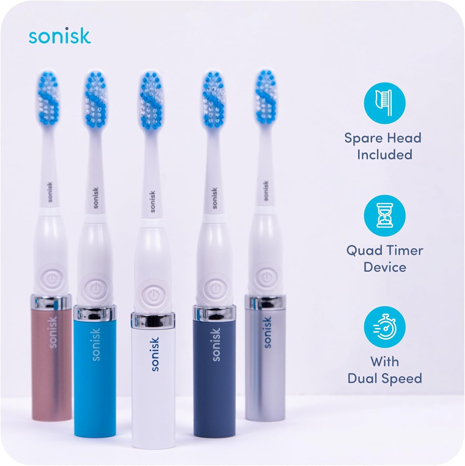 Multiple Sonisk Pulse toothbrushes in various colors, highlighting features like spare head included, quad timer device, and dual speed