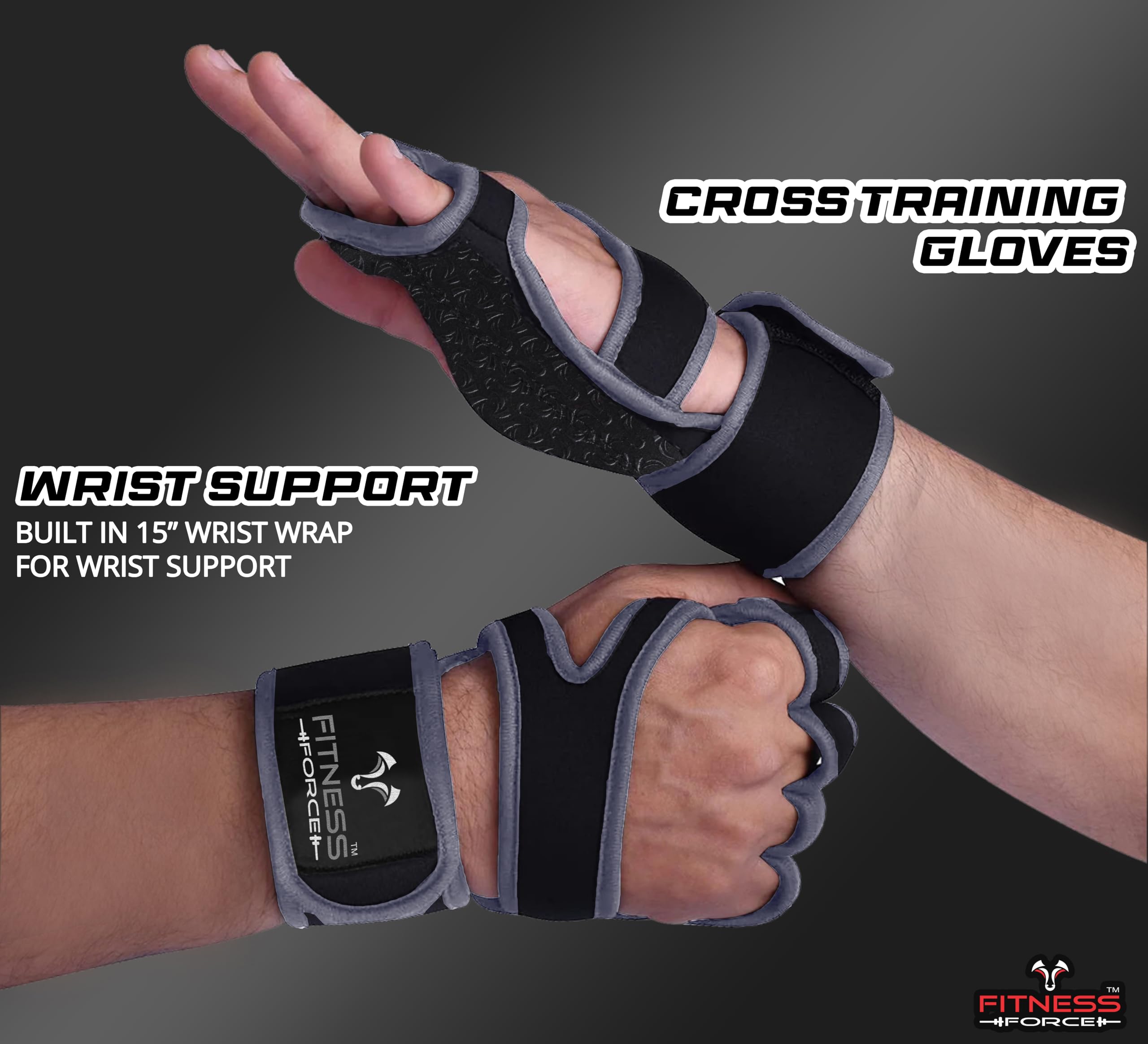 FITNESS FORCE Guantes de entrenamiento ventilados para hombres y mujeres con muñequeras integradas, guantes de gimnasio sin dedos para hombres, perfectos para ejercicio, fitness, levantamiento de