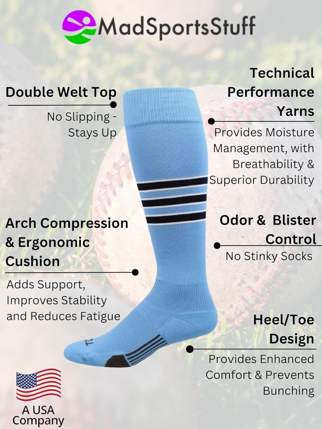 MadSportsStuff Dugout 3-Stripe Softball Socks, Long Over the Calf Team Socks for Girls, Boys, Women & Men - Image 3