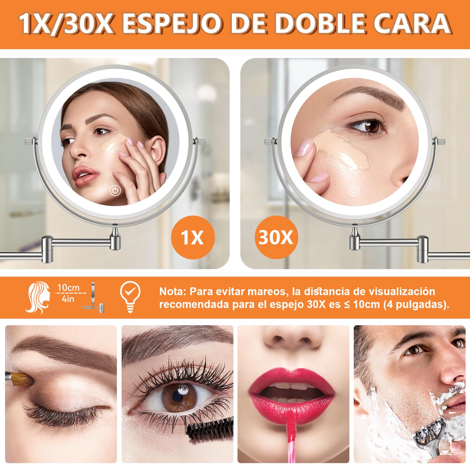 Auxmir 8″ Espejo Maquillaje con Luz para Pared Recargable 3200mAh, 1X/30X Aumento Doble Cara Giratorio 360° Brazo Extensible, 3 Colores y Brillo Regulable, para Baño Hotel, Plata