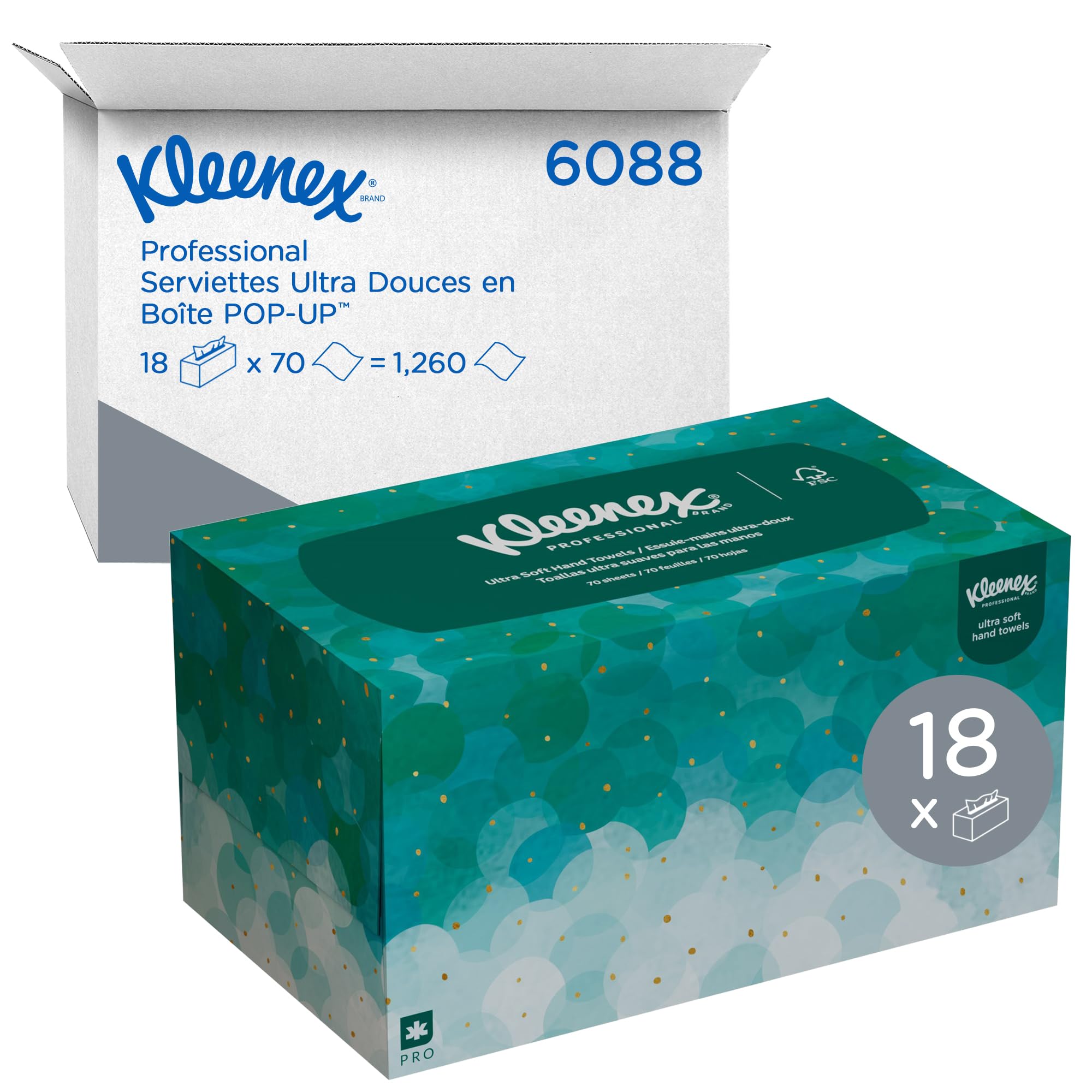 Kleenex Essuie-Mains Pop-Up Résistants et Absorbants, Hygiéniques, Compatibles avec le Distributeur Métal 9924, 18 Boîtes x 70 Feuilles (1 260 au Total), article 6088