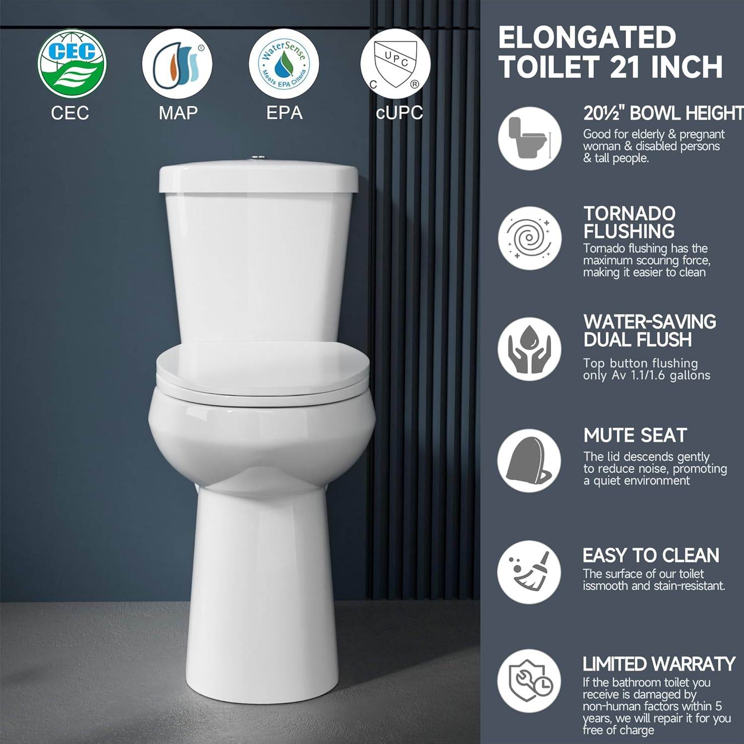 Miuara Elongated Extra Tall Toilet 21 Inch for Seniors 1.1/1.6 GPF Tornado Dual Flush - Two Piece Comfort High Toilet for Bathroom, 20.5 Inch Bowl Height, 21.25 Inch Seat Height, 12" Rough In, White