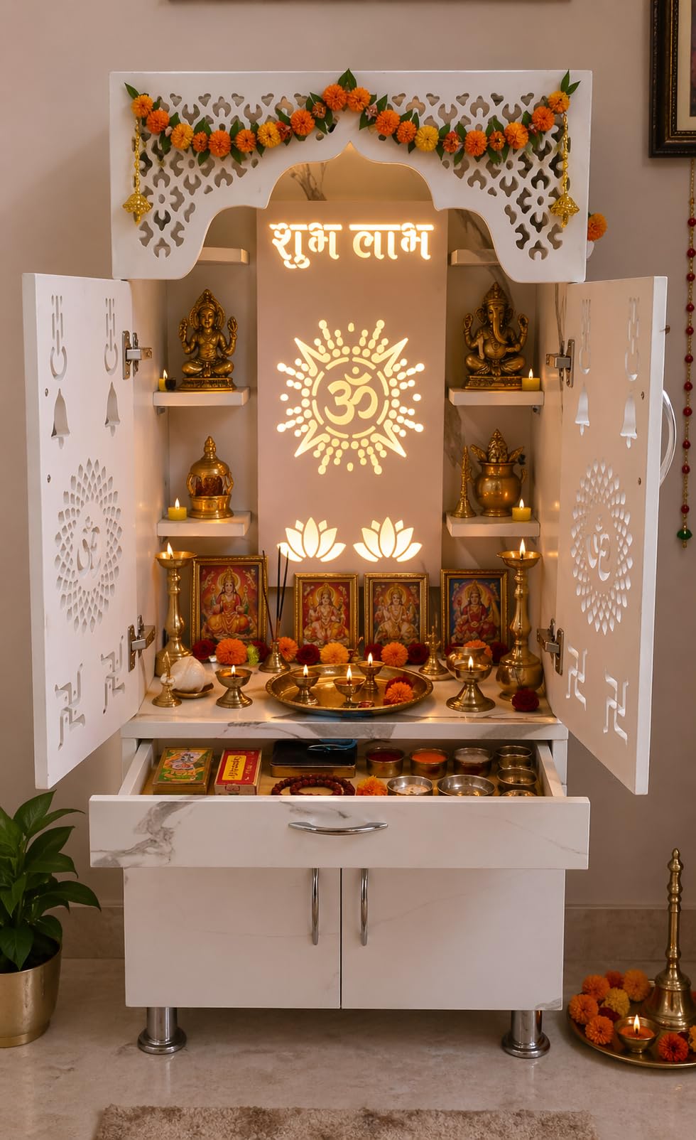 Beautiful Home Temple/Pooja Mandir with Led Lights (Pre Assembled) Engineered Wood Home Temple (Height: 130, Pre-Assembled)|White-image-28