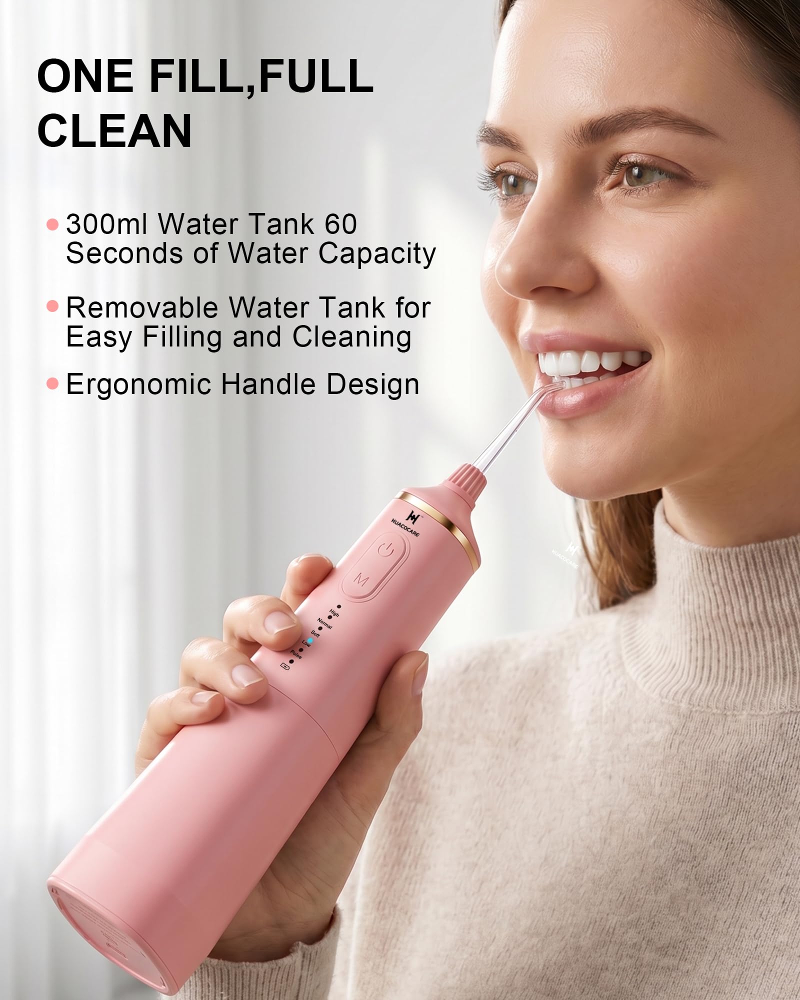 HUACO CARE Irrigador bucal de agua mejorado de 300 ml, 5 modos de irrigador bucal profesional inalámbrico, limpiador dental de agua de pulso de alta presión para el hogar y viajes, elimina la placa
