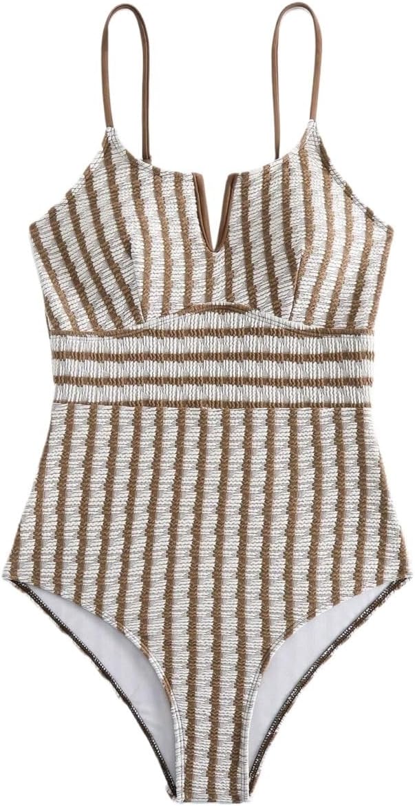 Women's High Stretch Striped One Piece Swimsuit Spaghetti Strap Monokini for Beach & Vacation