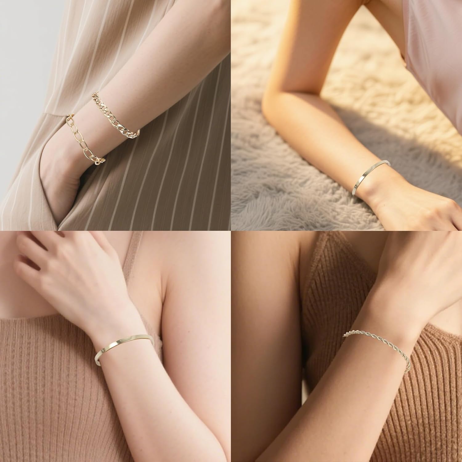 4pcs Waterproof Link Cuff Herringbone Bracelet, Dainty Stackable Gold Cuff Chain Chunky Gold Layer Bracelets, Chunky Stack Jewelry Cuban Link Paperclip Chain for Women - Image 5