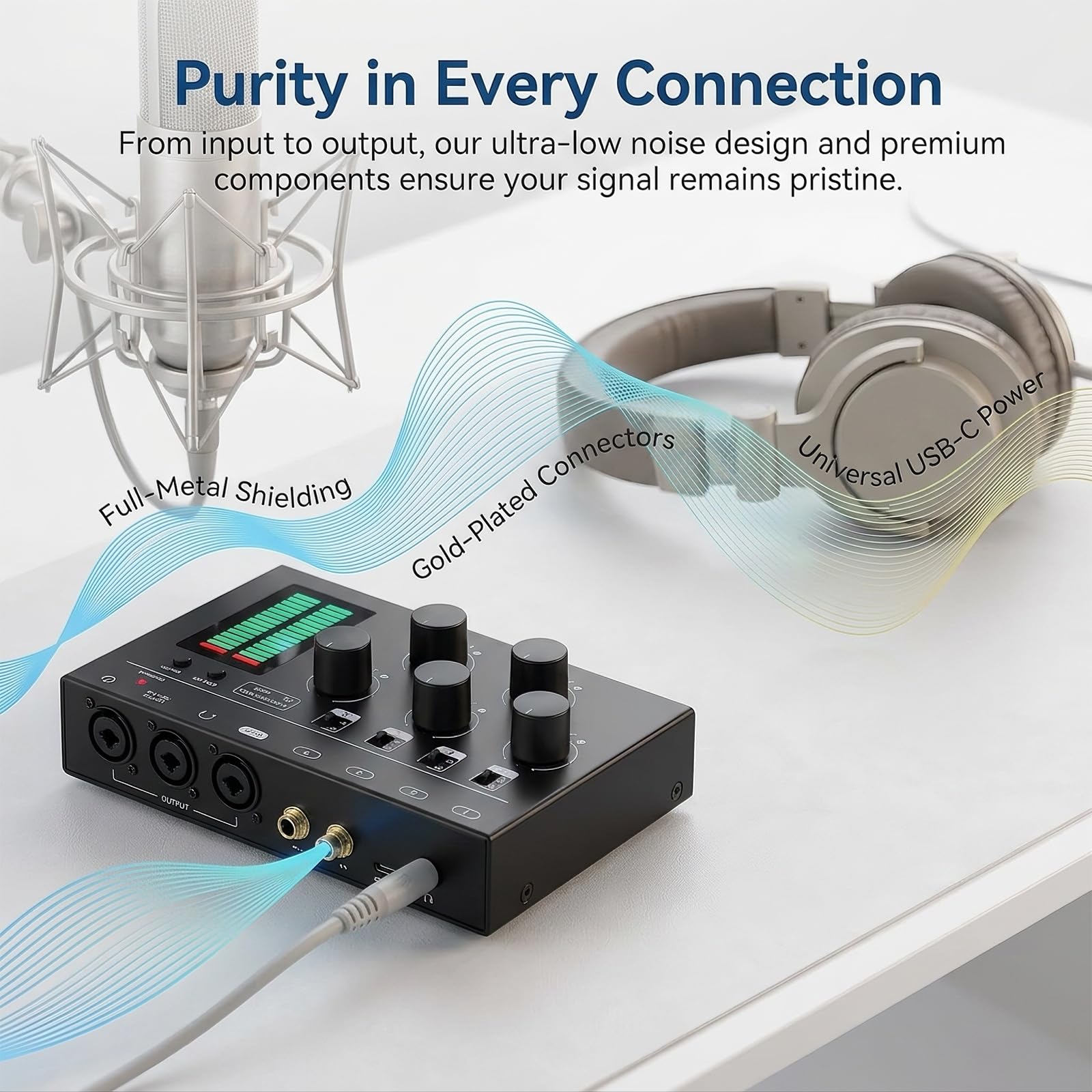 4-kanałowy mikser audio mono/stereo, wskaźnik poziomu LED | Mikser liniowy o ultraniskim poziomie szumów, regulowany kolor i wzmocnienie, wizualizator muzyczny RGB, do streamingu