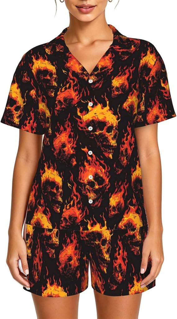 Pajamas Set Loungewear Short Button Sleeve Sleepwear-Skulls By Flames