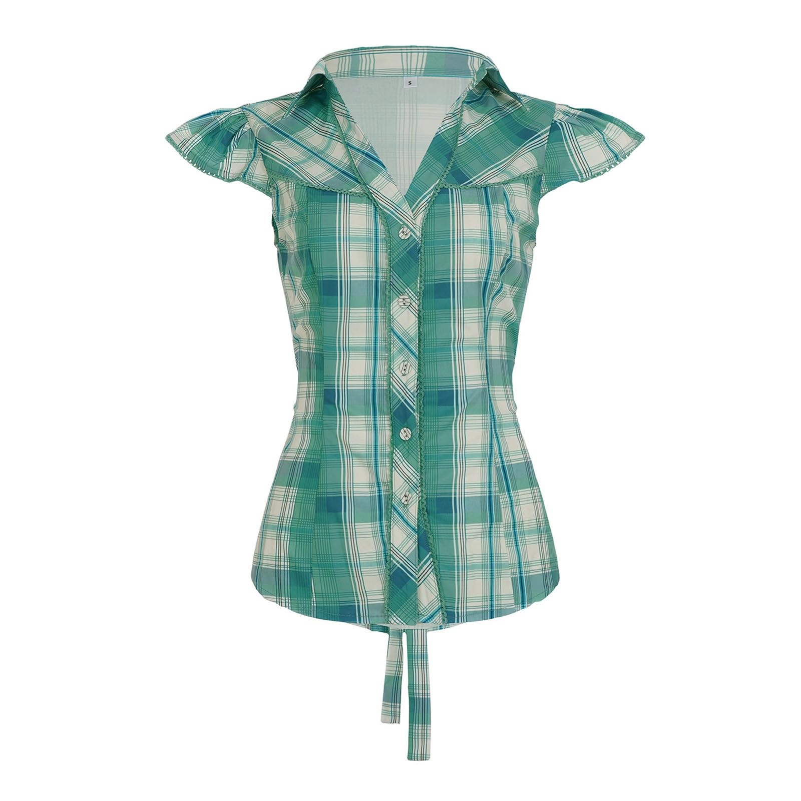 Camicetta tradizionale da donna con maniche ad aletta, in pizzo trasparente, per feste, abbigliamento casual, festa della birra, scollo a V, camicia sciancrata con bottoni, cravatte a quadretti