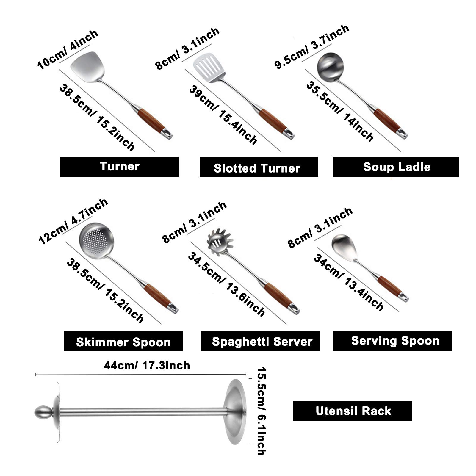 6Pcs 304 Edelstahl Küchenhelfer Set mit StäNder, Skimmer Schlitzlöffel, Servierlöffel, Schlitz Turner, Turner, Spaghetti Server, Suppenkelle, Hitzebeständiger Holzgriff