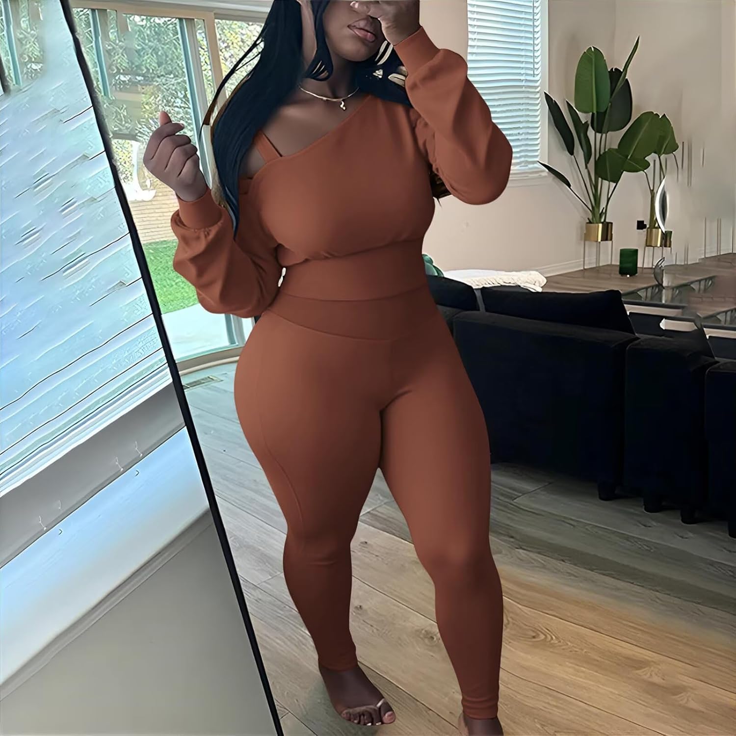 Ophestin Womens 2 Piece Sweatsuits Sexy Off The Shoulder Long Sleeve Tops Legging Pants Set Tracksuit Outfits - Image 4