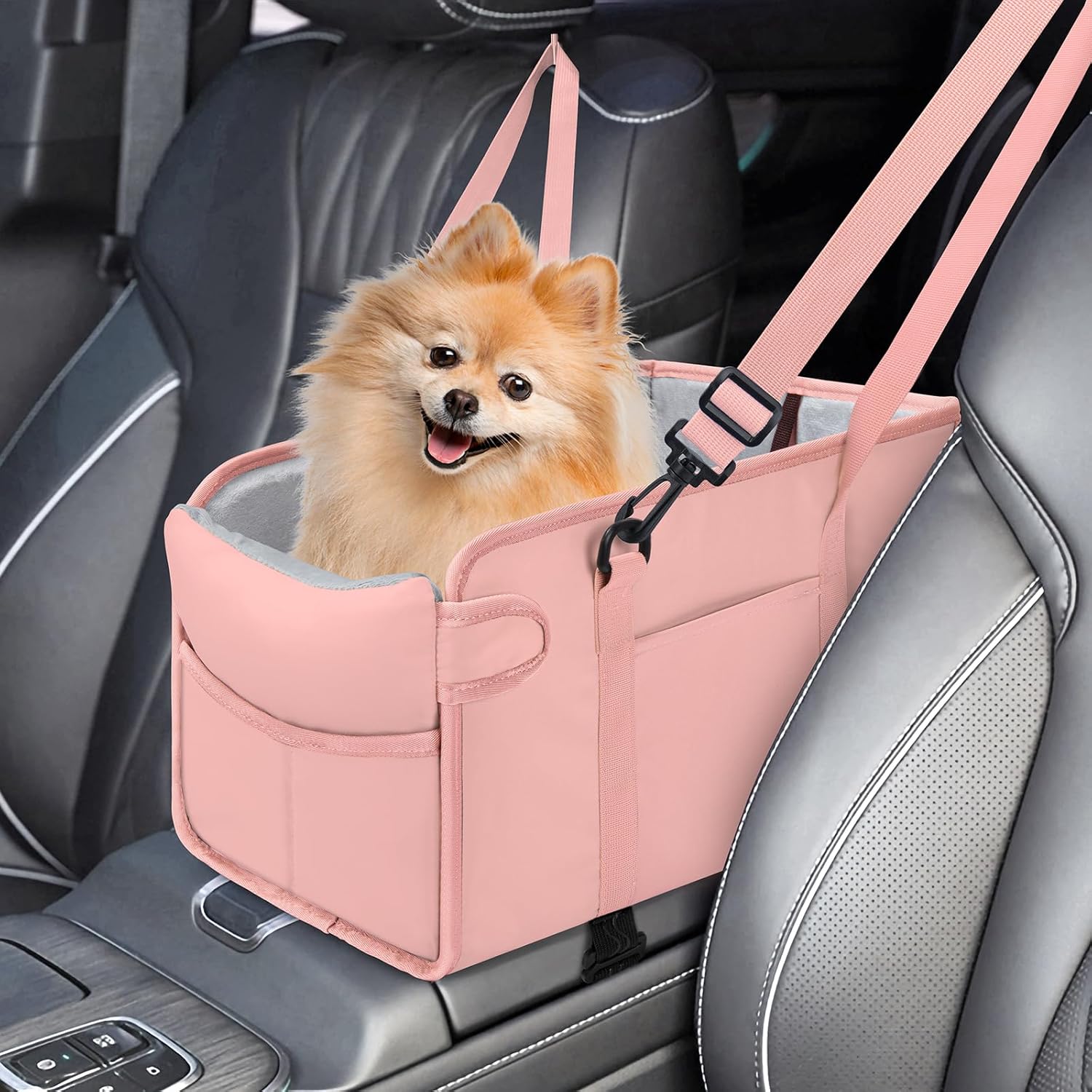 Small Dog Car Seat: Adjustable Leash, Washable Cushion & Storage – Pink