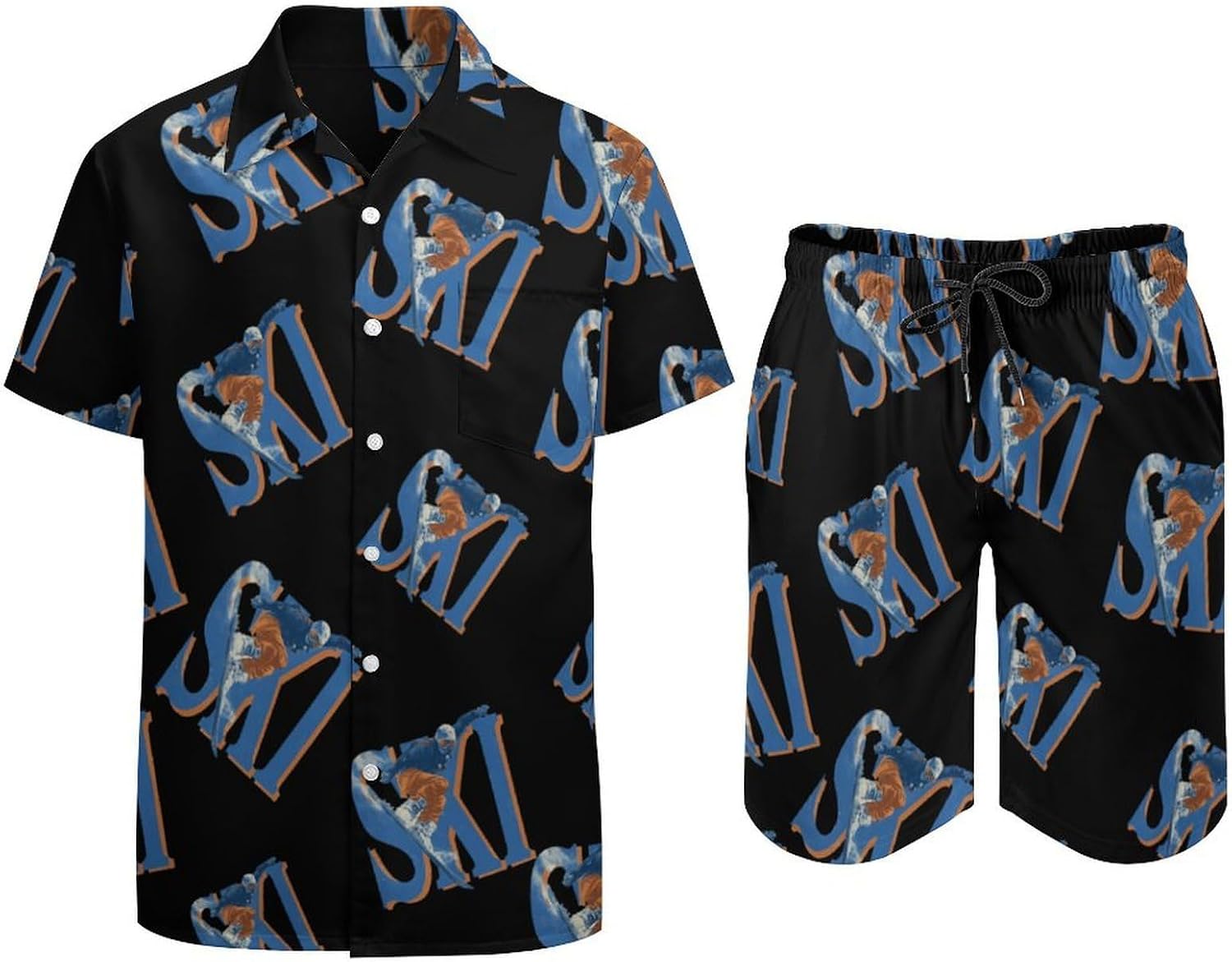 Vintage Ski Skiing Summer Mens Vacation Outfits Beach Shirts Shorts Matching Set