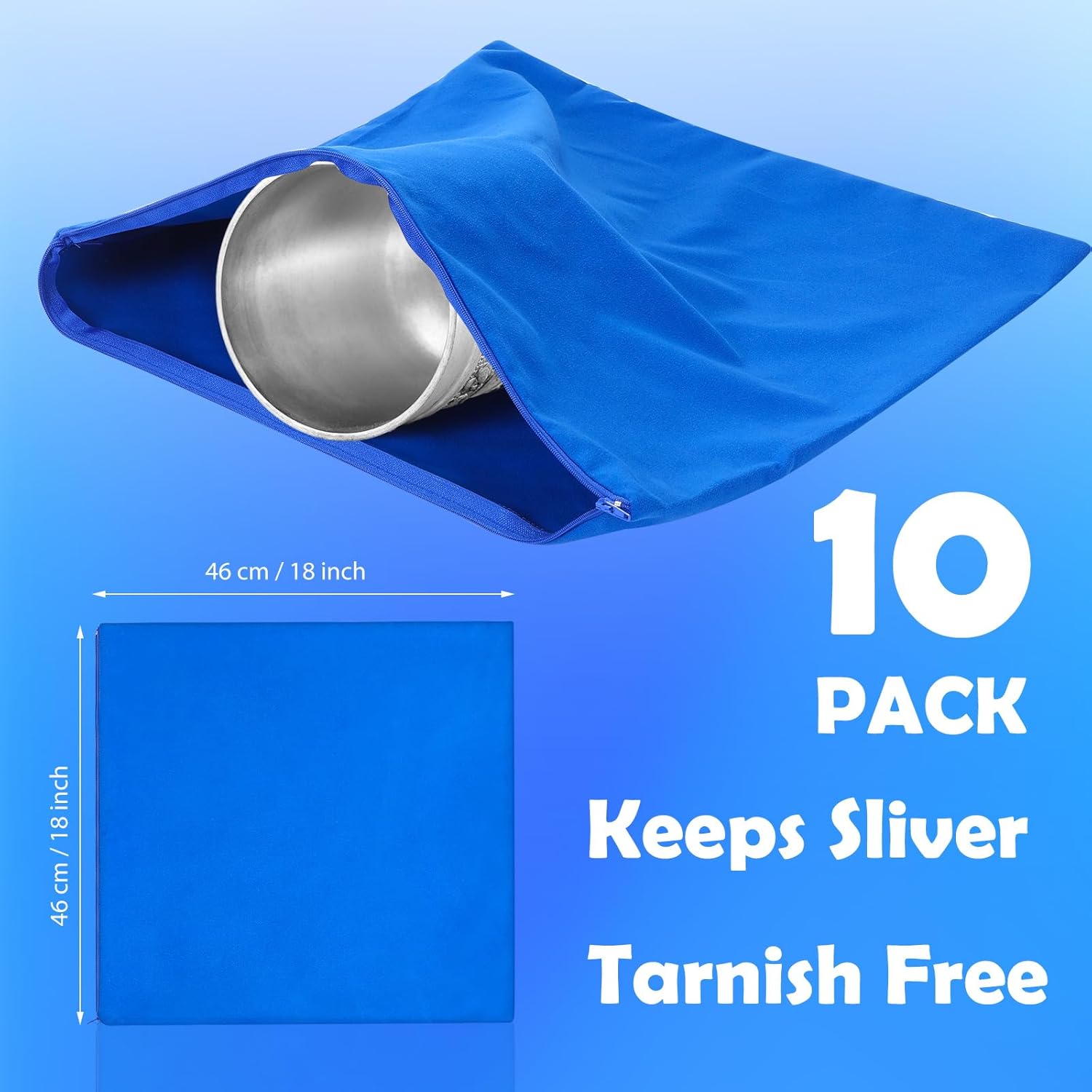 Sureio 10 Pcs Zippered Silver Storage Bags 18 x 18 Inch Jewelry Anti Tarnish Bag Silver Protector Cloth Pouch Velvet Silverware Polishing Storage Pouch for Home Kitchen Tableware Tool Supplies