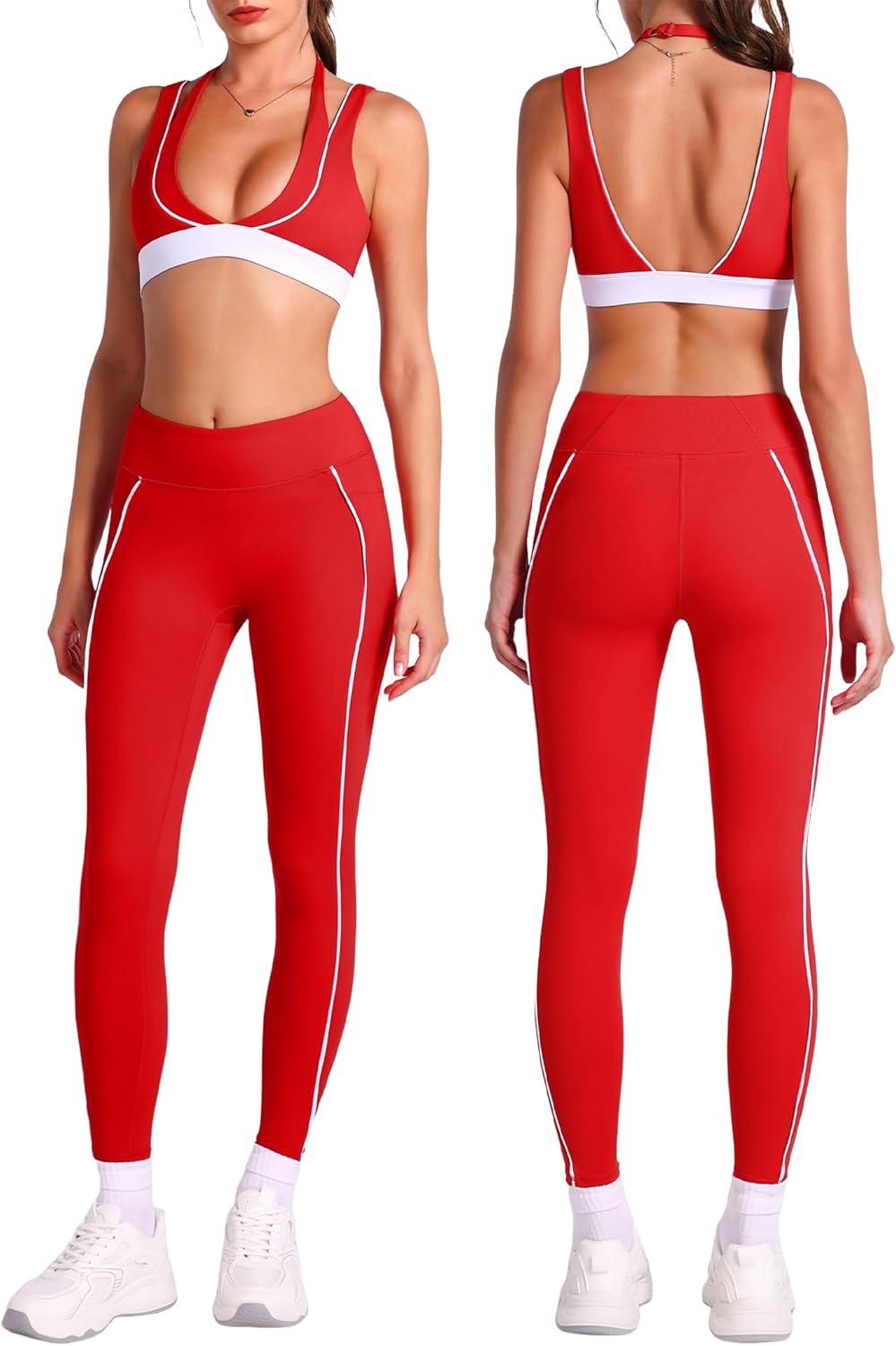 ABOCIW Workout Sets for Women Layered V Neck Halter Sports Bra High Waist Leggings with Pockets Yoga Pilates Outfits