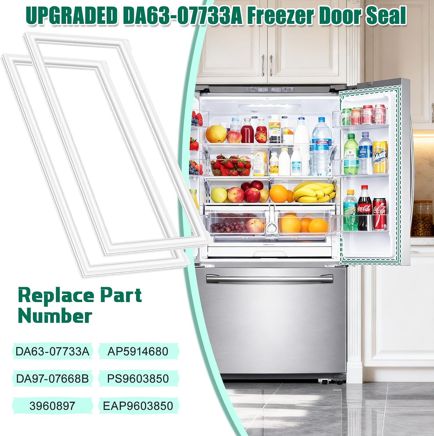 [2 PACK] DA63-07733A Refrigerator Door Gasket Replacement Compatible with Samsung Refrigerator Door Seal, Replaces Part Number DA97-07668B 3960897 AP5914680 PS9603850 EAP9603850 Freezer Door Gasket