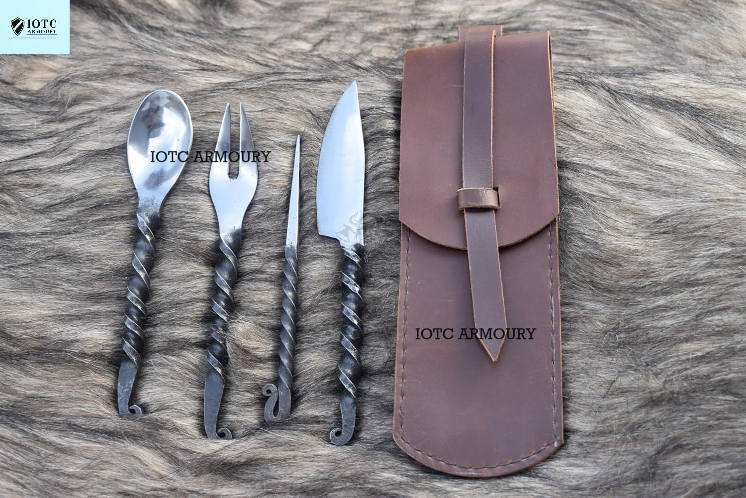 Hand Forged Twisted Medieval Eating Utensil Set Fork Knife Spoon And Food Stick Medieval Eating Set, With Genuine Leather Carrying Pouch - Set 4