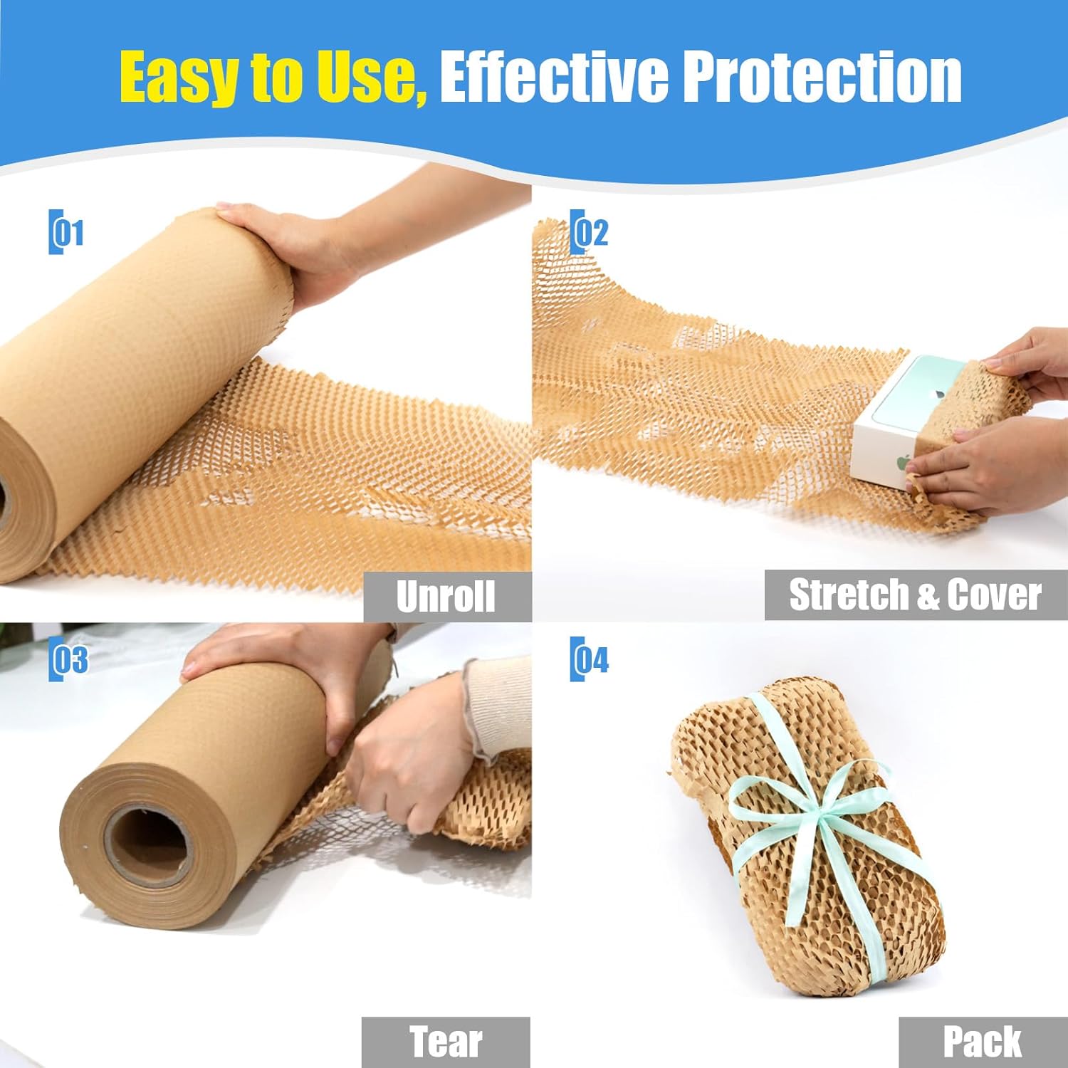 Honeycomb Packing Paper Roll 12" x 295 FT with Fragile Stickers– Biodegradable Cushioning Wrap for Moving, Shipping & Gift Wrapping – 100% Recyclable, FSC Certified Eco-Friendly Packaging