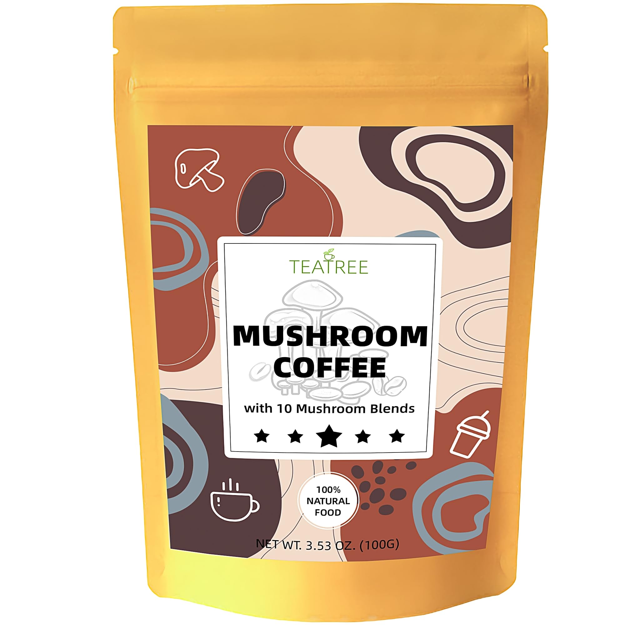 Mushroom Coffee, 10 Mushrooms Extract Powder Supplement (Lion's Mane, Reishi, Chaga, Cordyceps, Turkey Tail & Other) Blend Arabica Instant, Energy, Focus, and Immune Boosting Coffee