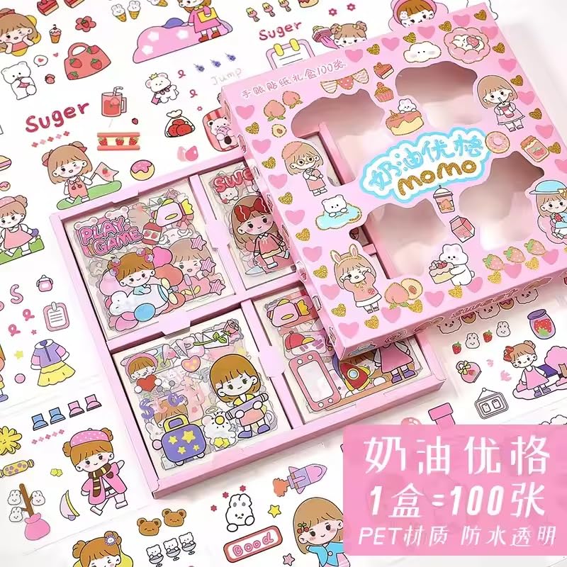 KmCho Pink Box Stickers-100 Sheets Kawaii Aesthetic Stickers for Scrapbooking, Journaling, DIY Crafts & Gifts-Cute Girls Travel-Themed Paper Stickers for Kids,Teens & Stationery Lovers DN-1