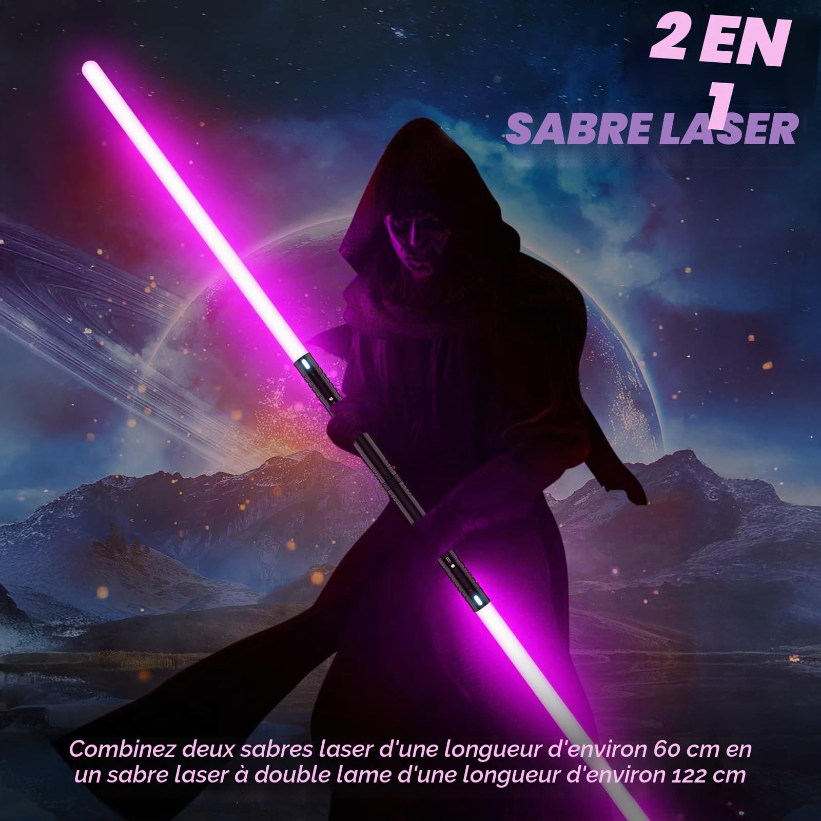 Sabre Laser 2 Pièces, Sabre Laser pour Enfants RGB 15 Couleurs, Epées Laser Rechargeable avec Effets sonores FX, Jouet pour Enfants, Halloween, Jeu de rôle Guerrier Galactique(74CM 2PC)