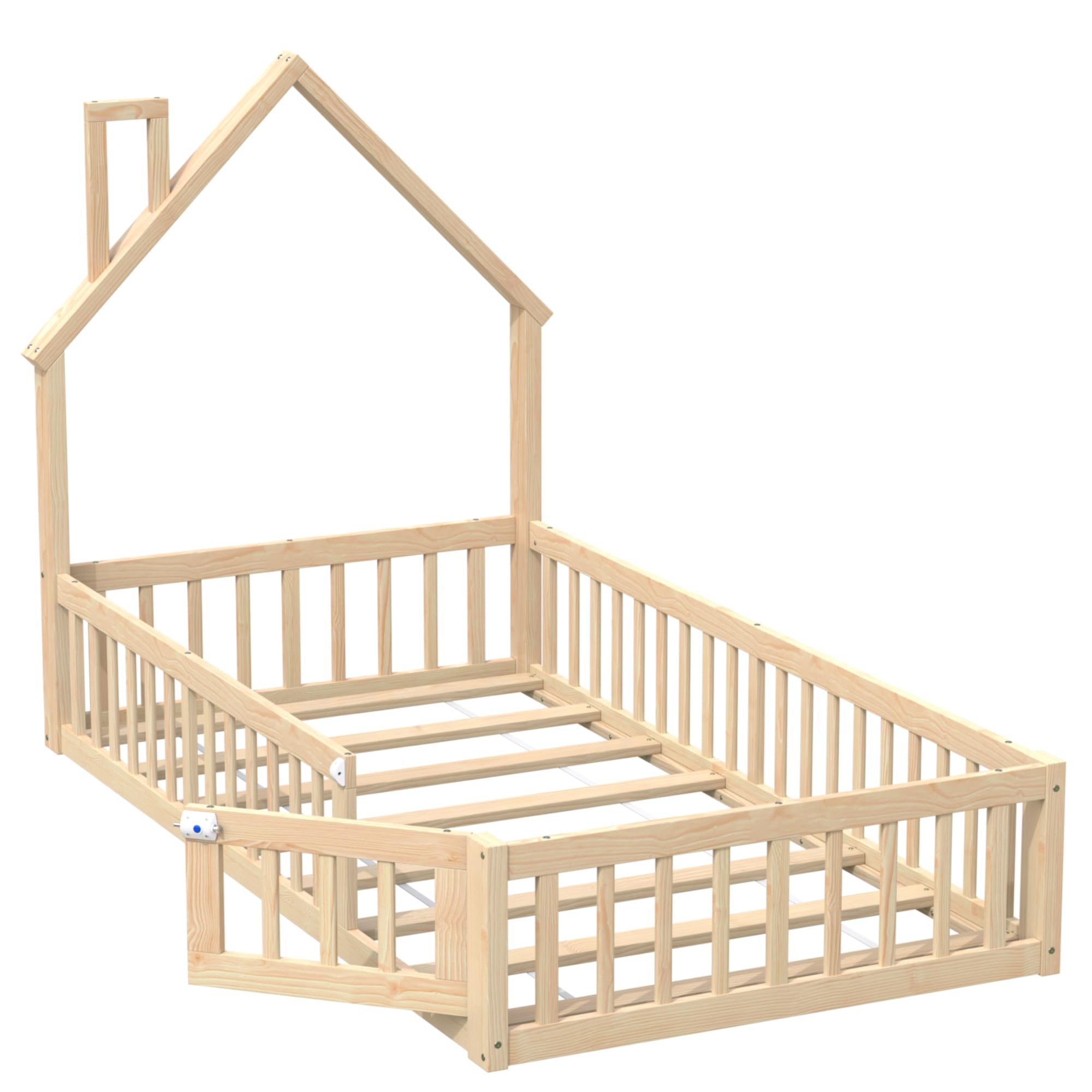 LAKFEW Cama Montessori Infantil 90x200 cm con Barandilla y Diseño de Chimenea, Cuna Cama Bebe Niño Niña con Listones de Madera, Cama Suelo Criança Individual, Natural, Sin Colchón