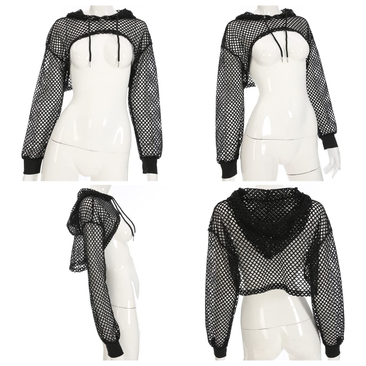 SINROYEE Women's Casual Sexy Mesh Contrast Long Sleeve Pullover Crop Top Hoodie T-Shirt: Medum Black