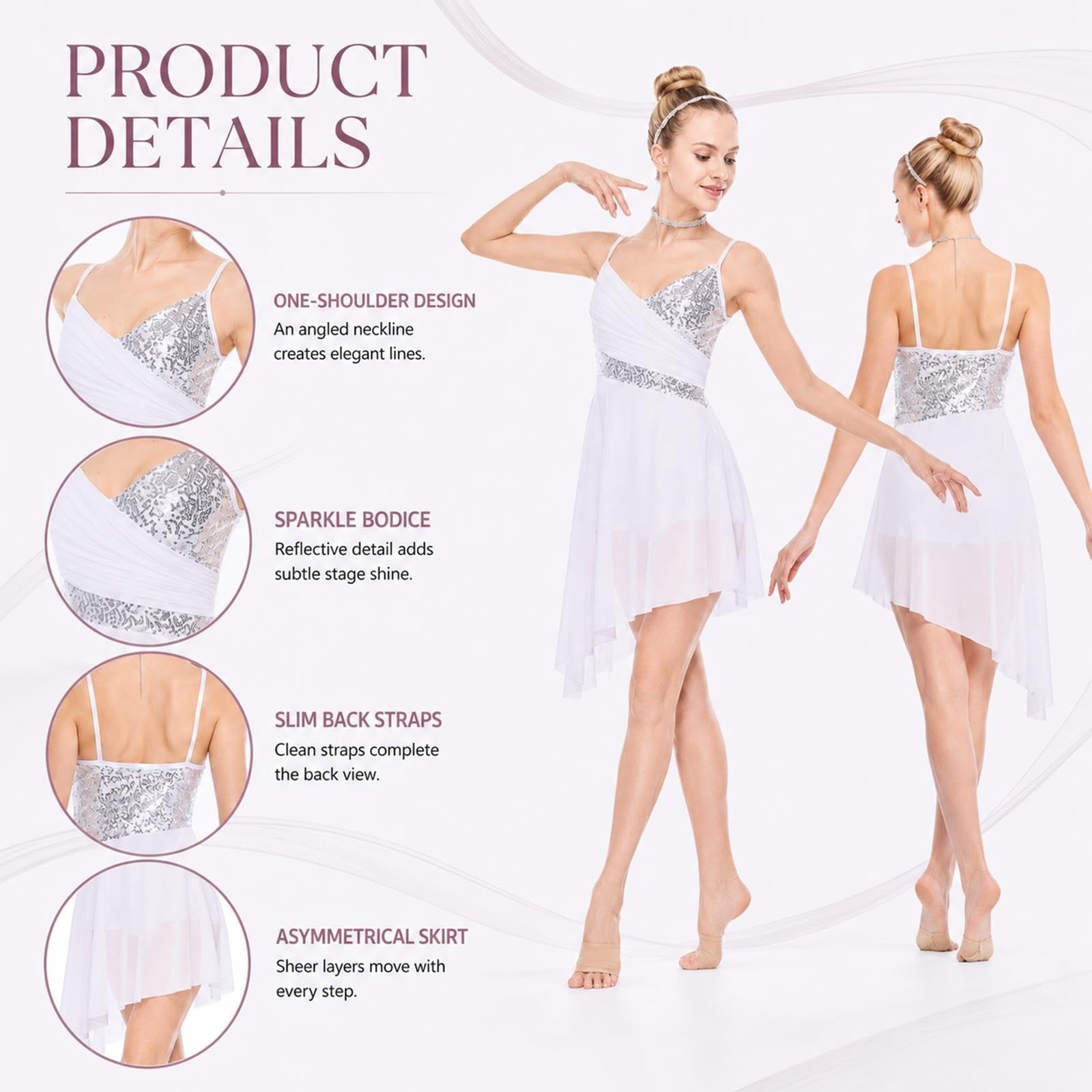 Abito da danza lirica donna e teen, body bianco con paillettes argento