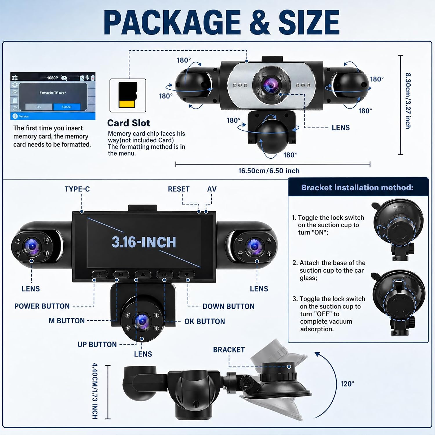 Diagram showing the CAMECHO dash cam's components including the 3.16-inch screen, lenses, power button, M button, up button, down button, OK button, reset, AV port, Type-C port, and the memory card slot with instructions to format the card upon first insertion. Dimensions are also shown: 16.50cm/6.50 inch width and 8.30cm/3.27 inch height.