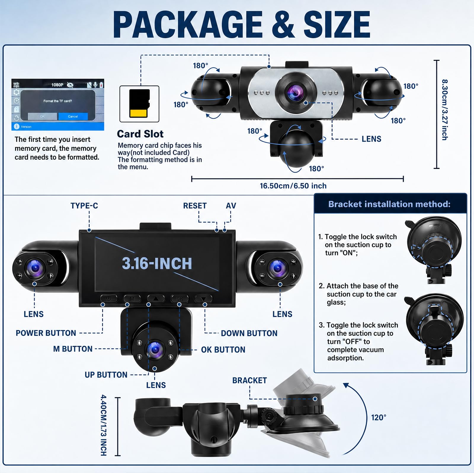 CAMECHO Dash Cam 5 Canaux, Caméra Frontale 1080P 150 °+4 Caméras latérales 480P 120 °, 3,16 Pouces Dash Cam, Enregistrement en Boucle, Vision Nocturne et Détection de Mouvement