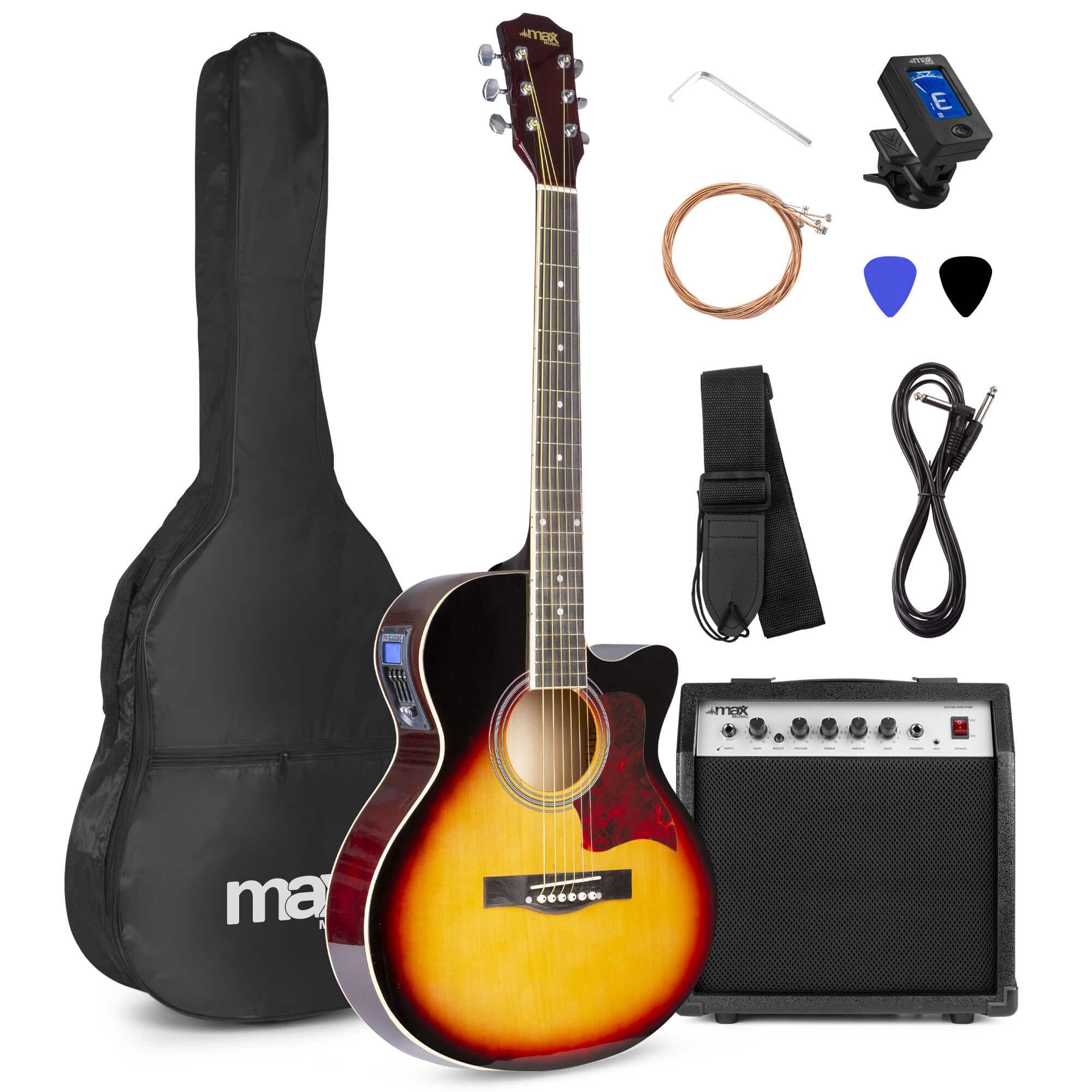 MAX ShowKit Elektro Akustik Gitarre Set mit Verstärker 40 Watt, Gitarrentasche, Gitarrenständer, Gitarrenstimmgerät, Instrumentenkabel, Plektrum und E Akustikgitarre mit Tonabnehmer - Sunburst