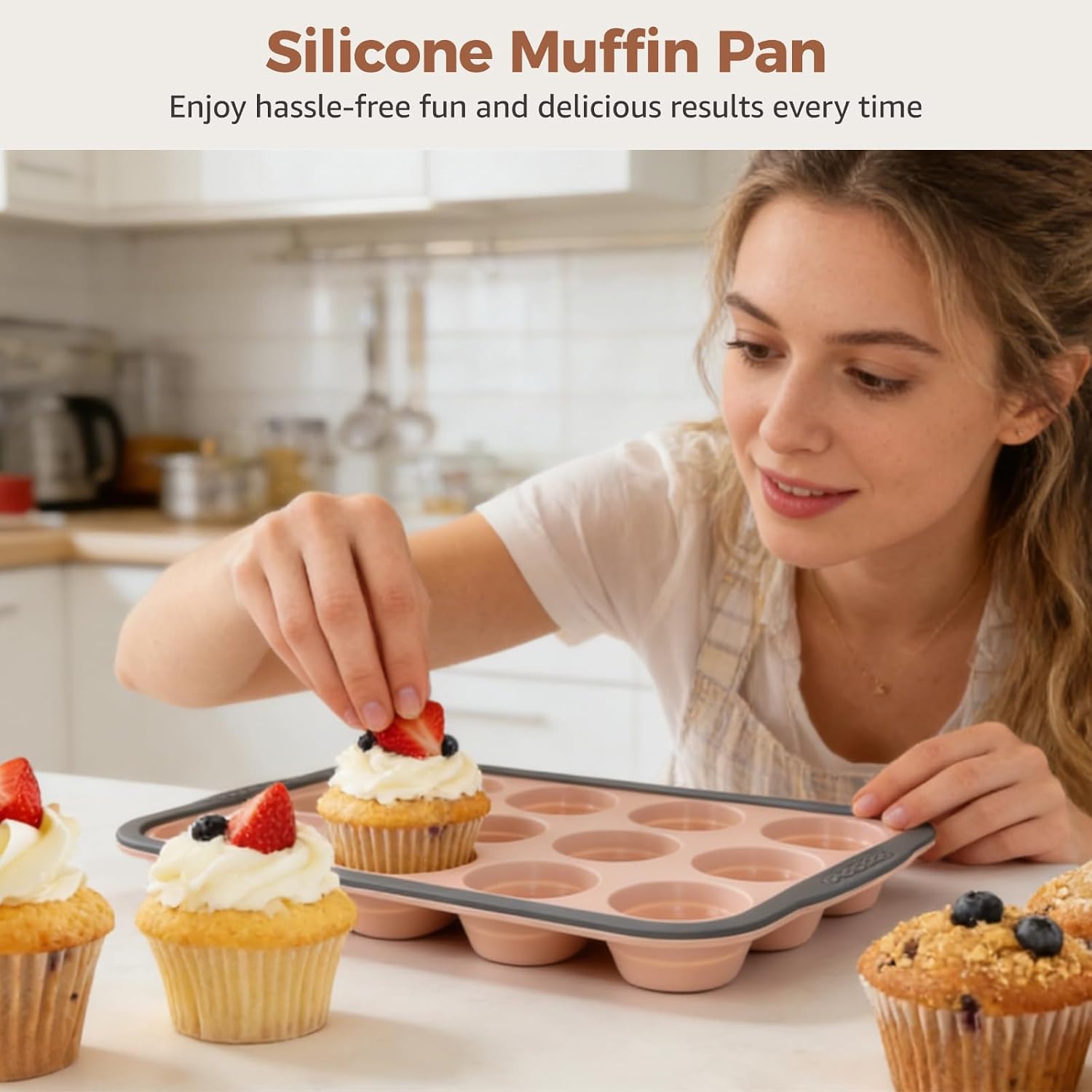 OMISTAR 2 PCS Silicone Muffin Pan 12 Cup, Nonstick Cupcake Baking Mold, Flexible Silicone Muffin Tin, Easy Release, Dishwasher Safe, Oven Safe to 450°F, BPA Free, Pink