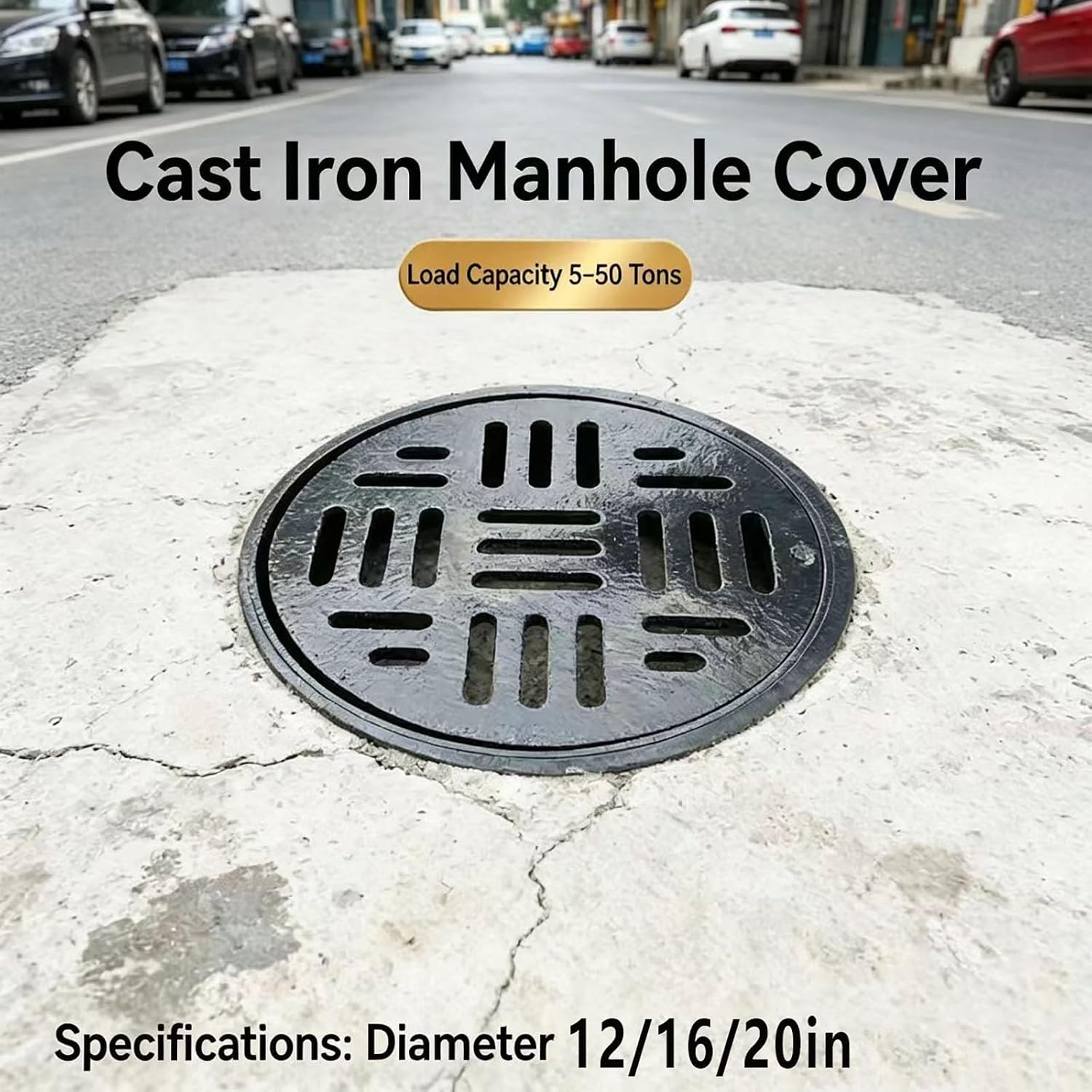 Heavy-Duty Cast Iron Drain Grate - 12" Round Outdoor Cover for Yard & Driveway - Durable Sewer Trench Drain Solution, Ideal for Home Landscaping