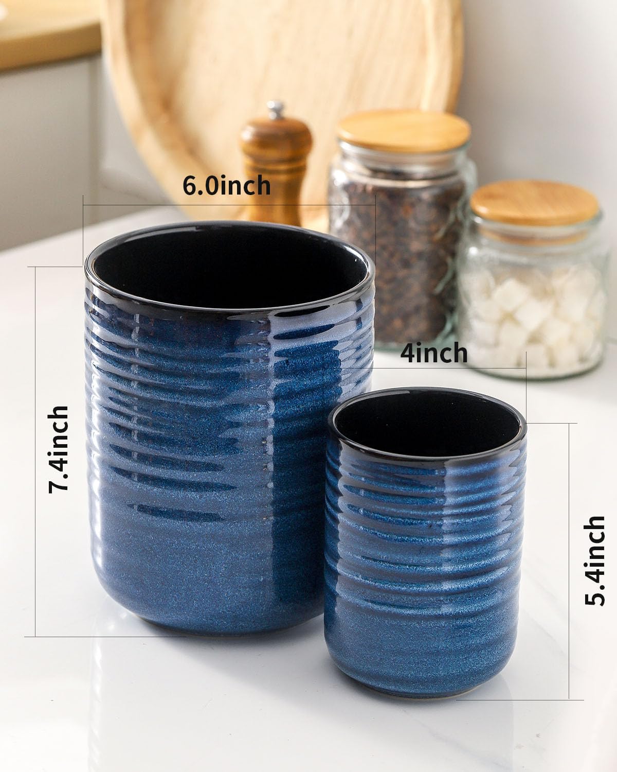 Hasense Utensilienhalter, 18,8 cm + 13,7 cm, Keramik-Kochutensilien-Topf für Küchentheke, 2 Stück, Utensilien-Organizer für Spatel und Löffel, Küchendekoration, Marineblau