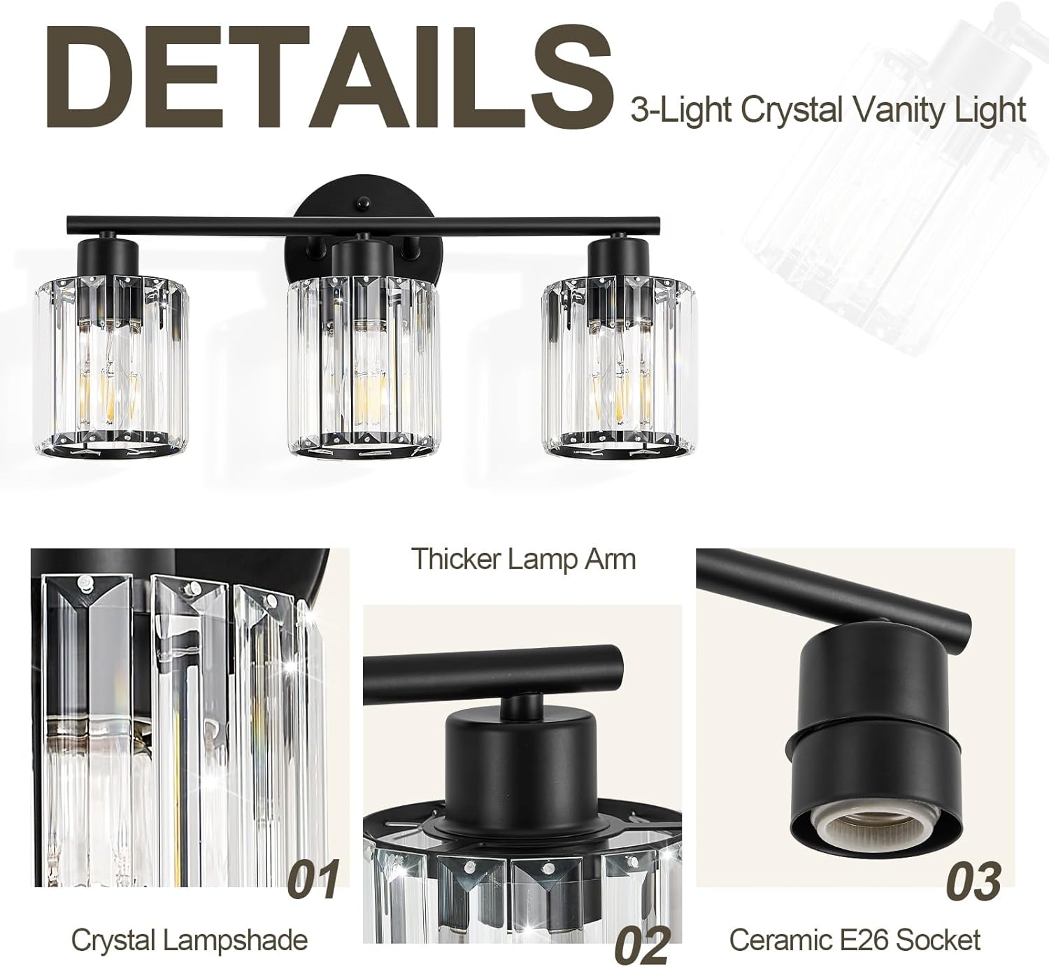 Crystal Bathroom Light Fixtures, Bathroom Lighting Fixtures Over Mirror, Modern Black 3-Light Vanity Lights for Mirror, Restroom, Bedroom (Ceramic E26 Socket,Bulbs Not Include)