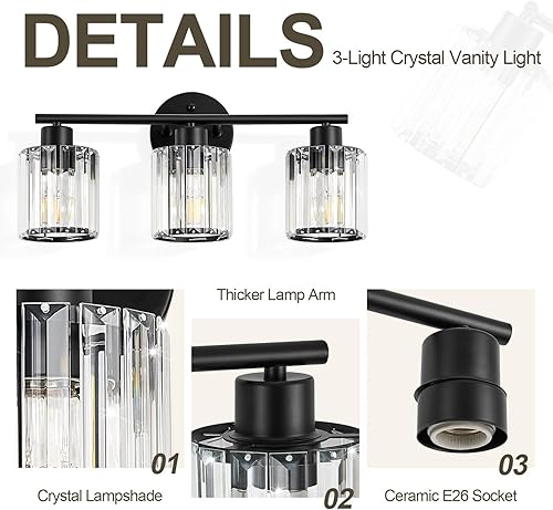 Miniatura 8 de Lámparas de baño de cristal, accesorios de iluminación de baño sobre el espejo, modernas luces negras de tocador de 3 luces para espejo, baño,