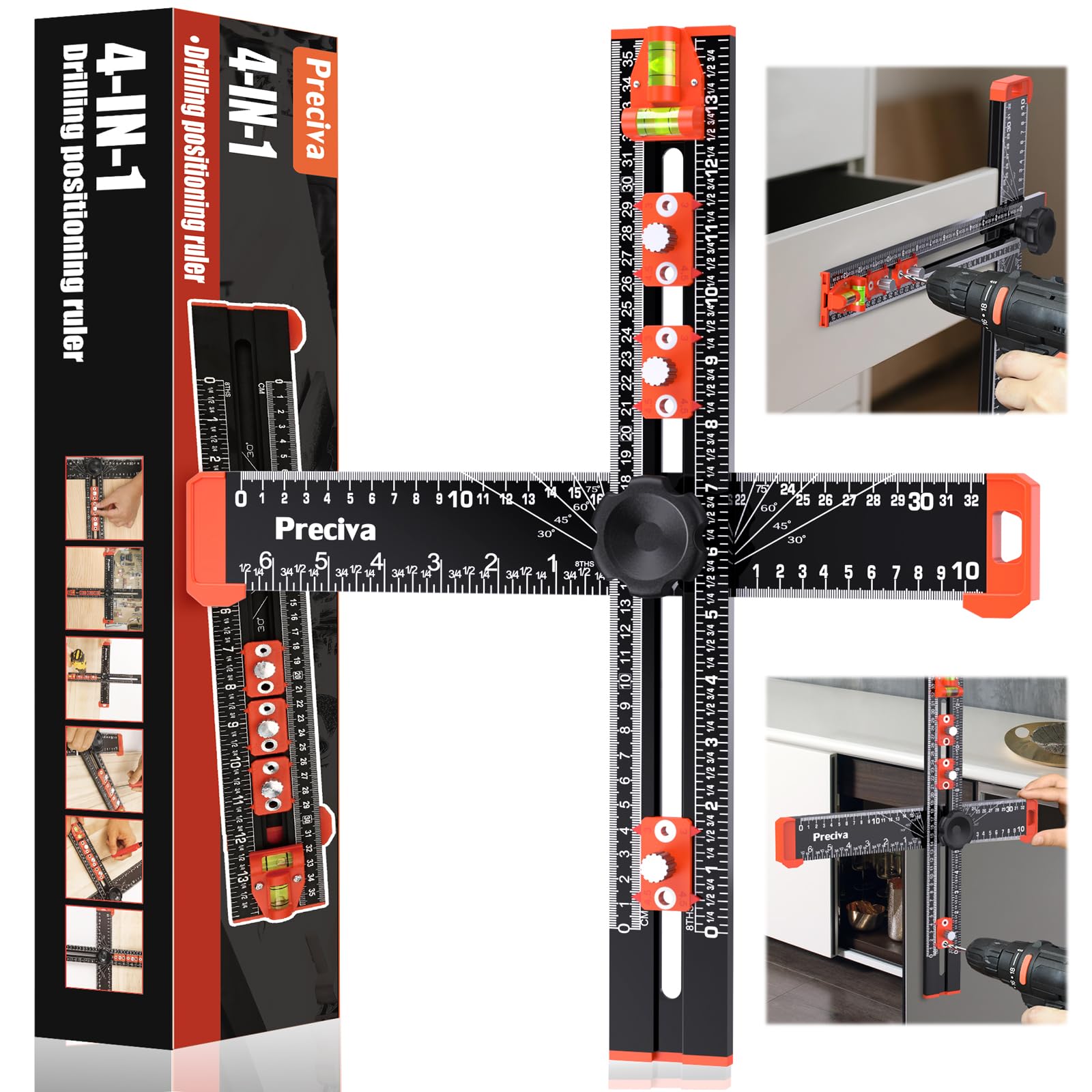 Preciva 4-in-1 T-Square Ruler & Drilling Jig, Adjustable 40cm/16" Cabinet Hardware Template Tool with Angle Guide