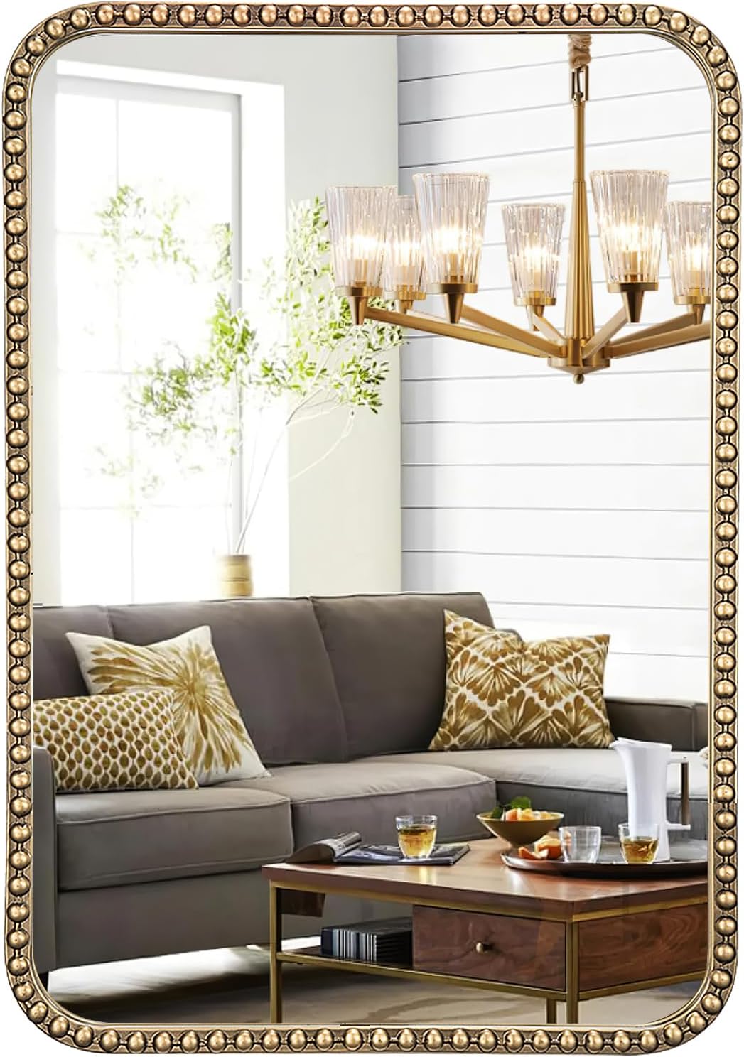 Espejo Decorativo Rectangular Vintage con Marco de Cuentas Dorado 81x61 cm