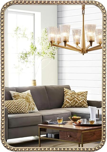 24"x32" Champagne Bronze miroirs pour salle de bain, ancien miroir mur de salle de bains en laiton avec cadre perlé, champagne Bronze Vanity miroir pour chambre à coucher ornée