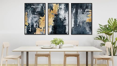 Miniatura 8 de Arte de pared abstracto enmarcado grande, marco natural, cuadros de lienzo retro para sala de estar, impresiones modernas en lienzo azul marino para