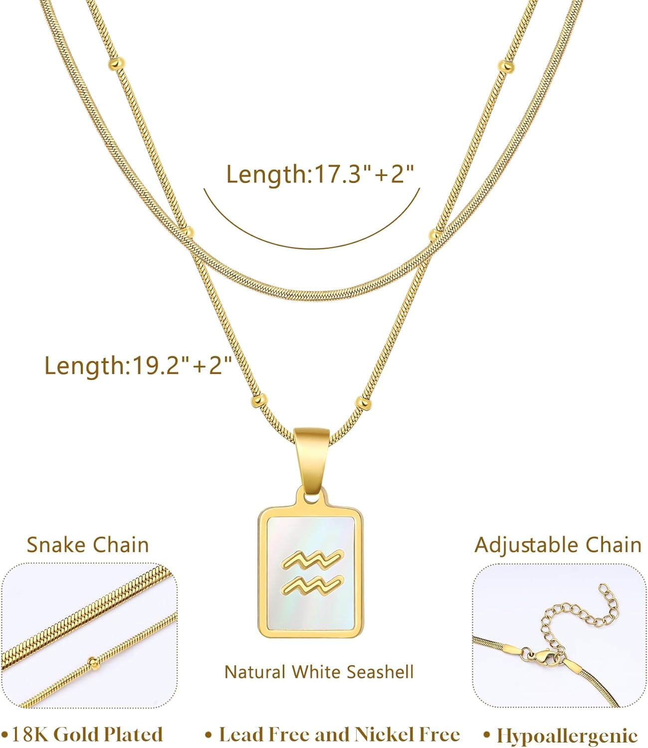LETFLY Zodiac Natural Shell Layered Gold Necklace for Women, 18K Gold Plated Square Shaped Pendant with Adjustable Layered Snake Chain for Womens Jewelry Gifts - Image 4