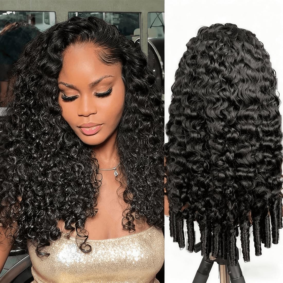 Burmese Curly Half Wig Human Hair Flip Over Half Wigs Drawstring Band Wear Go Glueless Wig Invisible Hairline Burmese Curly Wig Human Hair Headband Wig for Women 18 Inch