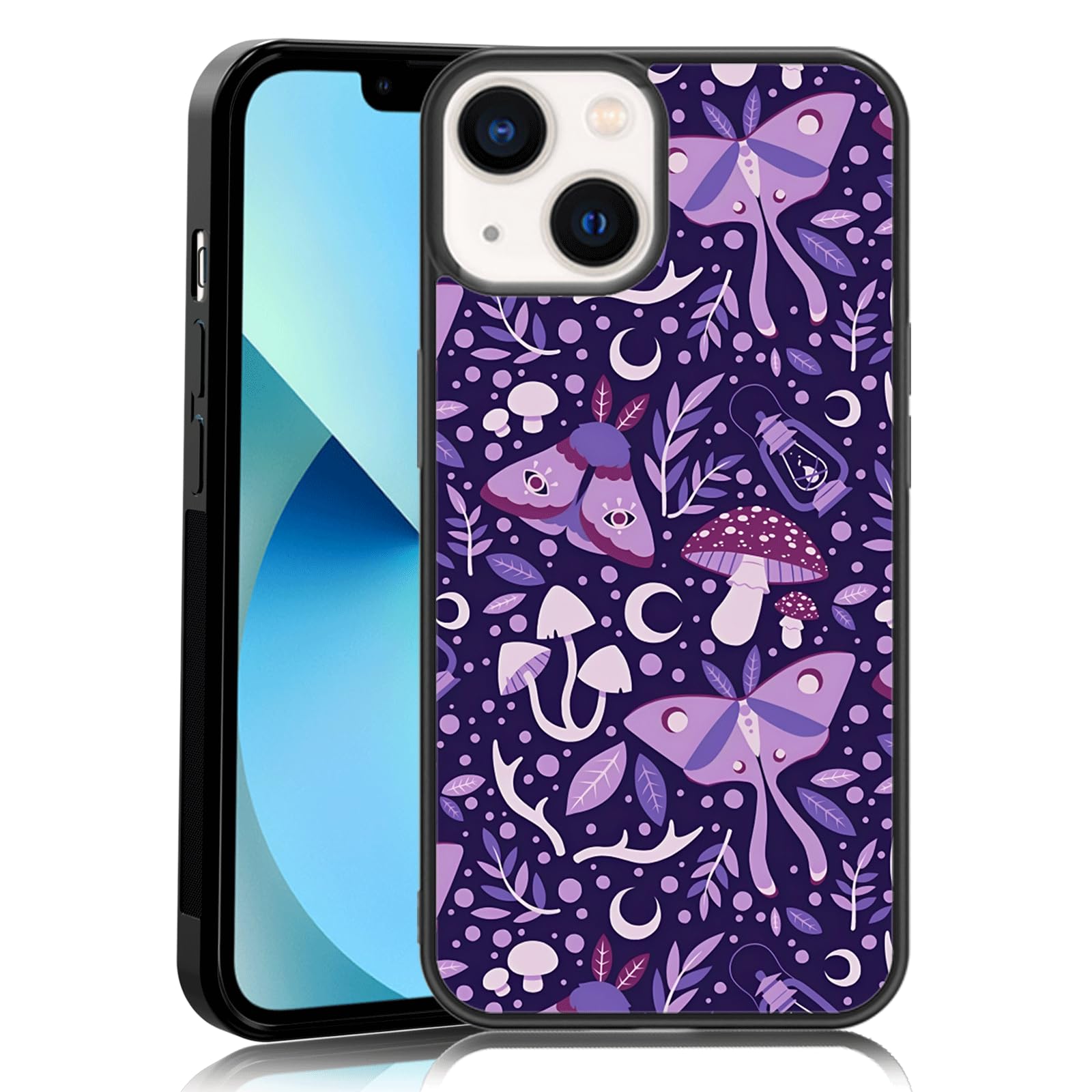 MMYAJT Purple The Woods Phone Case Fit for iPhone 13 — TPU Shockproof Designed Mushrooms Moth Phone Cover Gift for Boy Girl Men Women